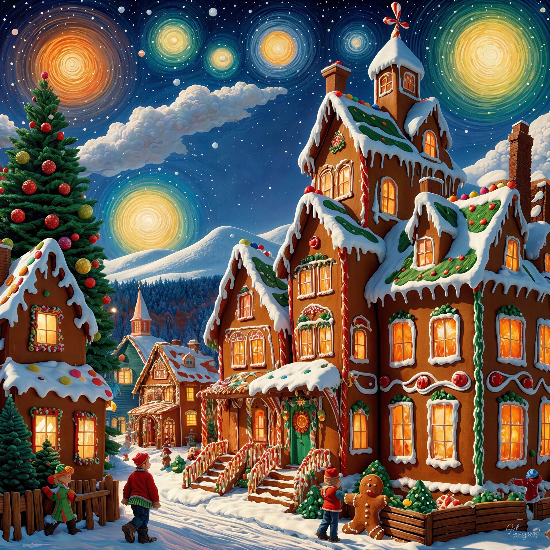 Whimsical Christmas Gingerbread Village Illustration