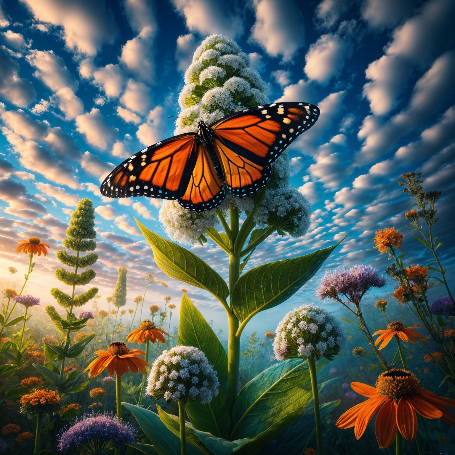 Monarch Butterfly on White Flowers in Sunlit Meadow