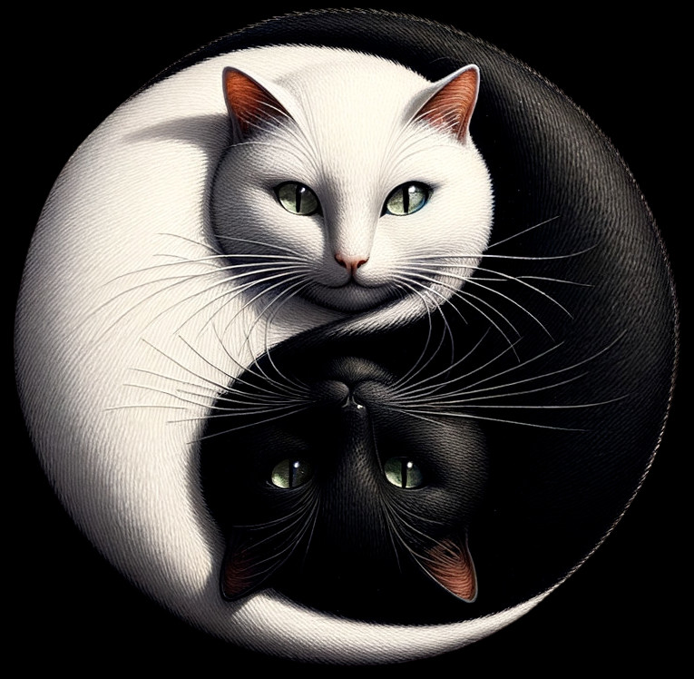 White Cat with Green Eyes and Yin-Yang Reflection