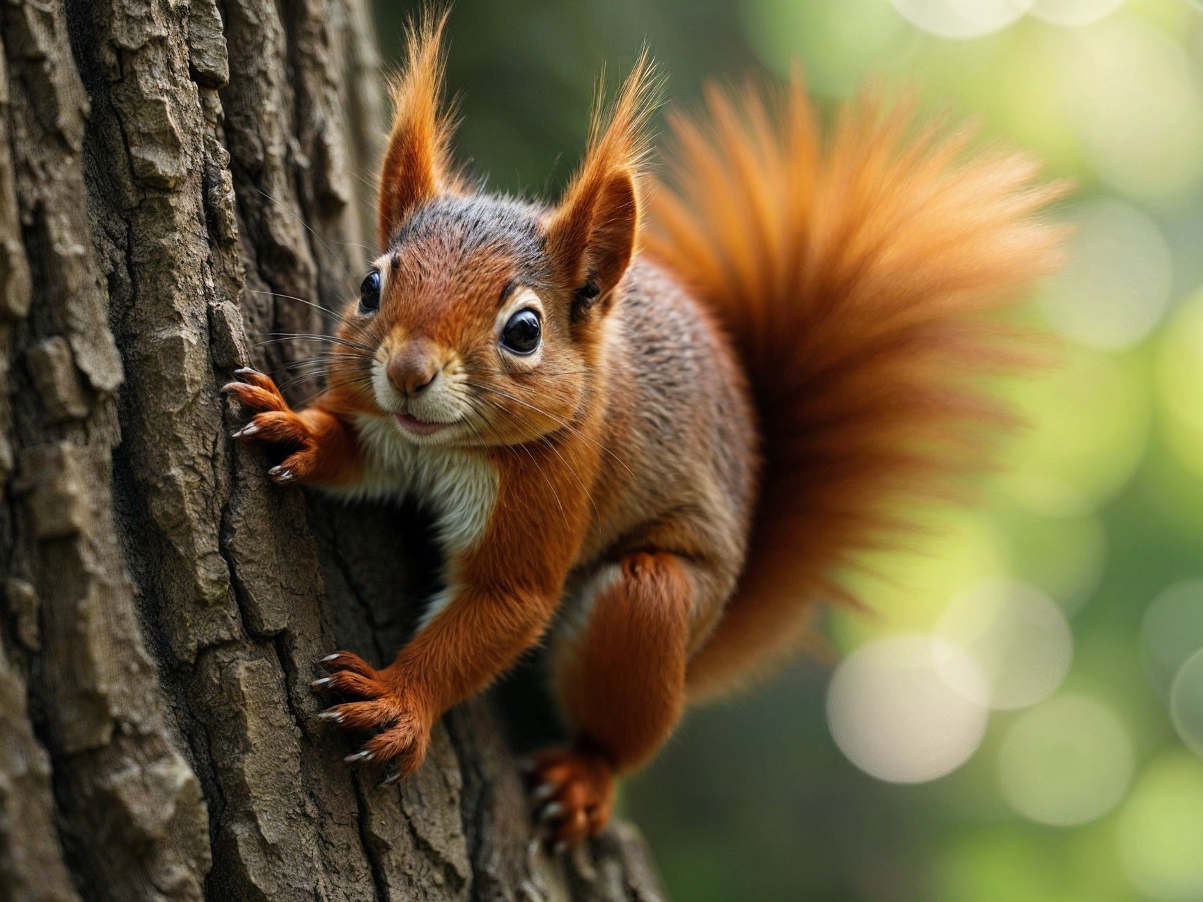 Playful Squirrel on Textured Tree Trunk in Nature