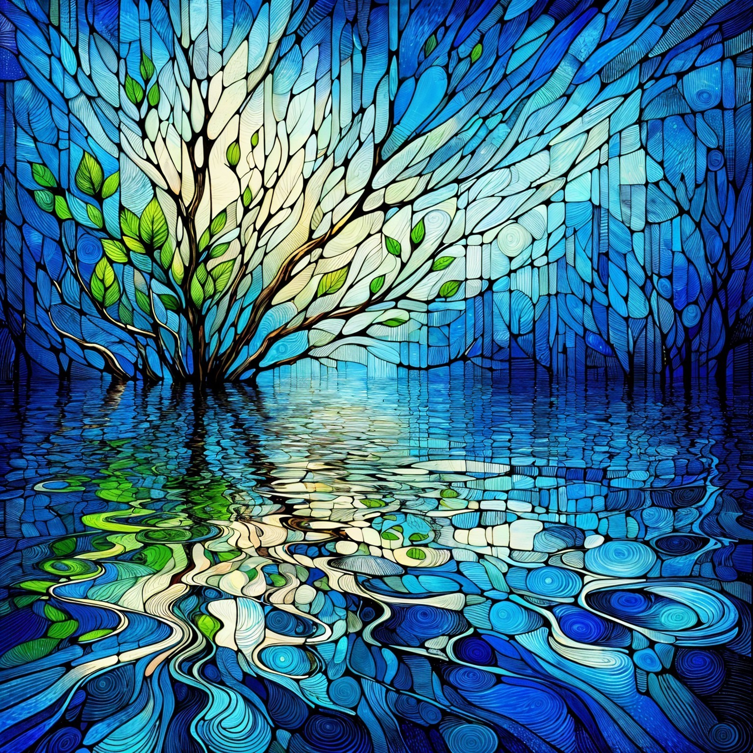 Stained-Glass Artwork of Tree and Tranquil Water