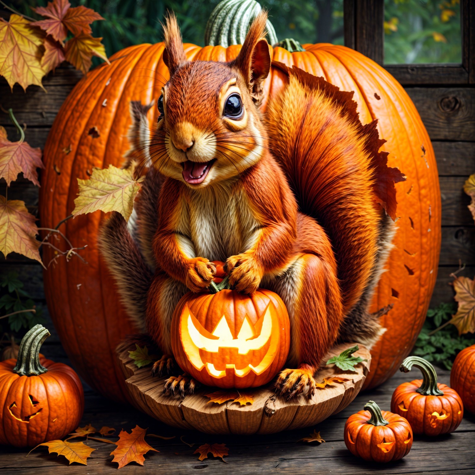 Squirrel Carving Jack-o'-Lanterns in Autumn Scene