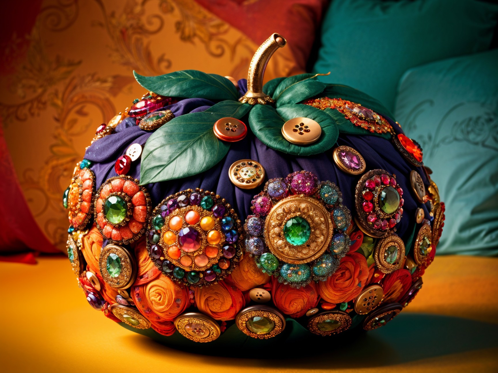 Intricately Designed Pumpkin with Colorful Embellishments