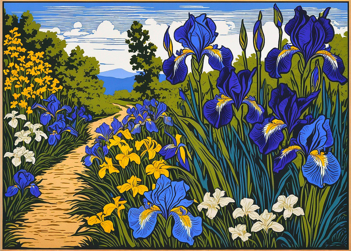 Vibrant Landscape with Winding Path and Colorful Flowers