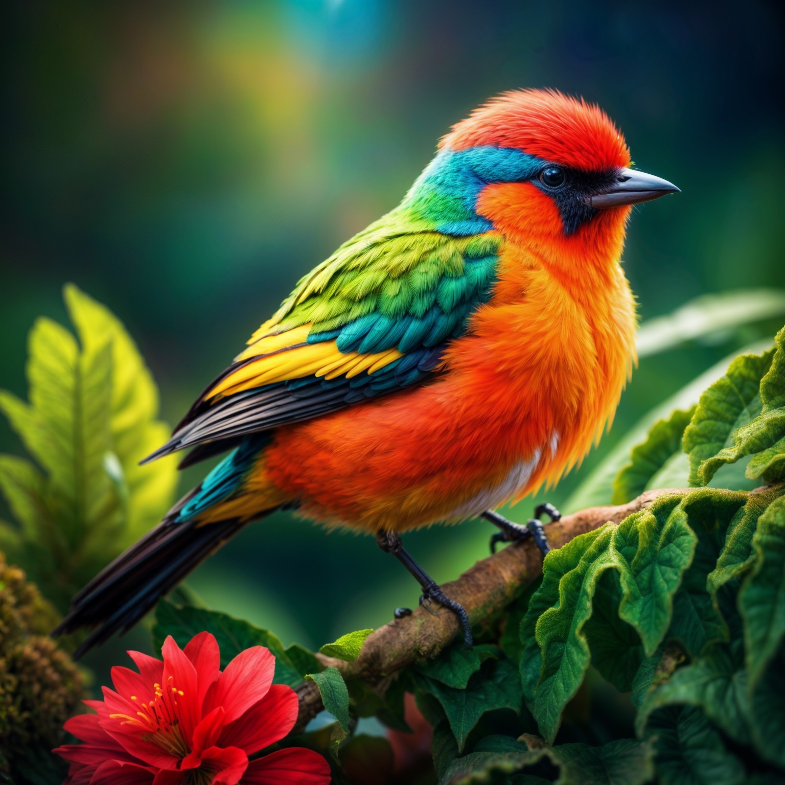 Colorful Bird on Green Branch with Red Flower