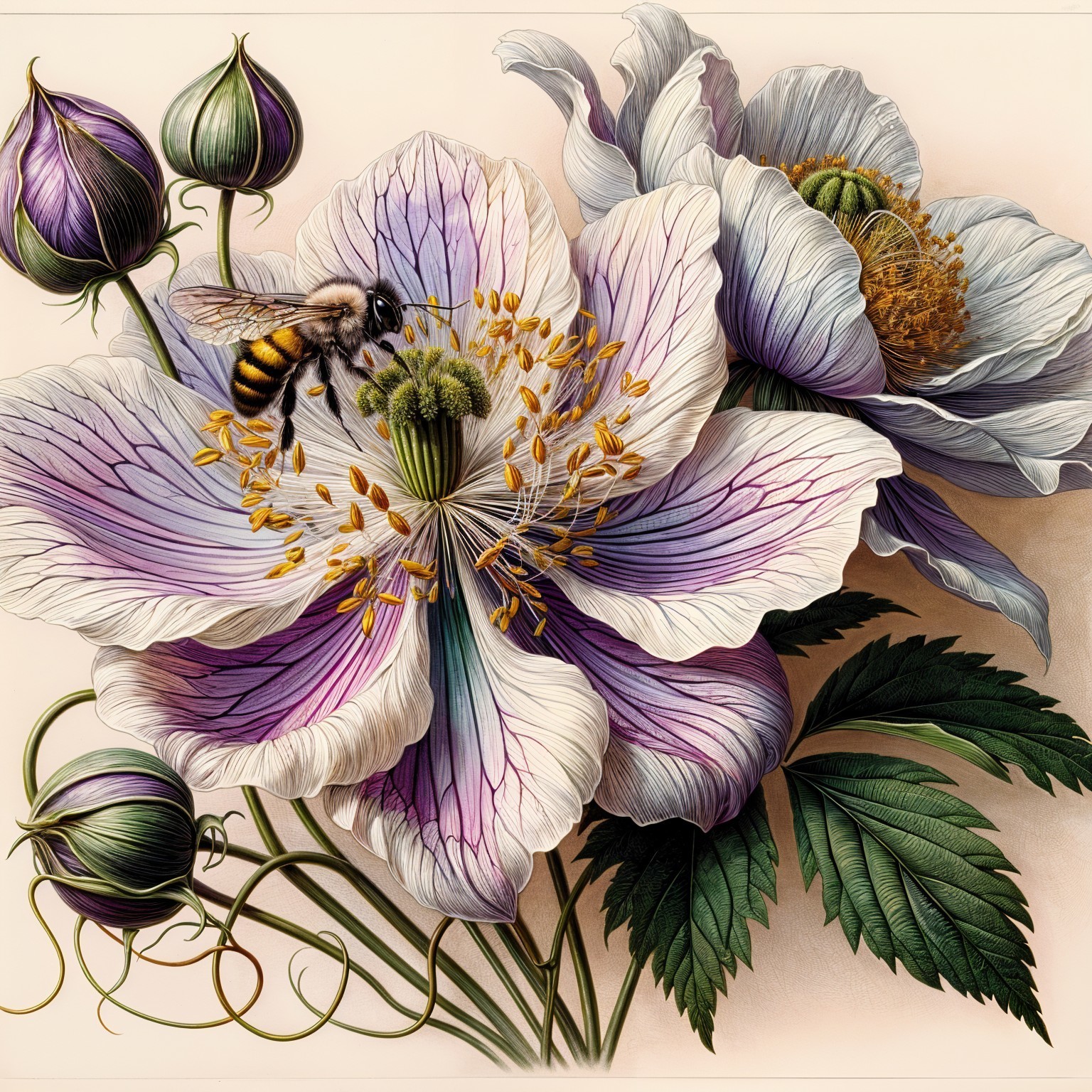 Detailed Illustration of Blooming Flowers and Bee