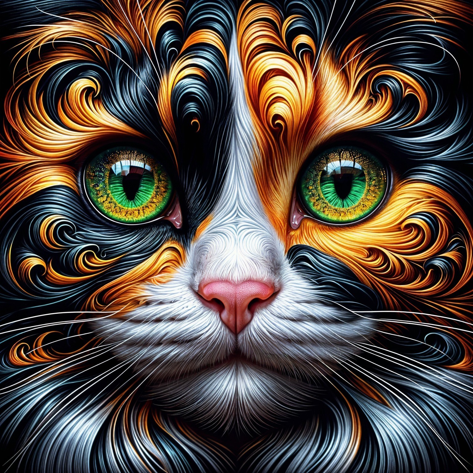 Close-Up of a Colorful Cat's Face with Green Eyes