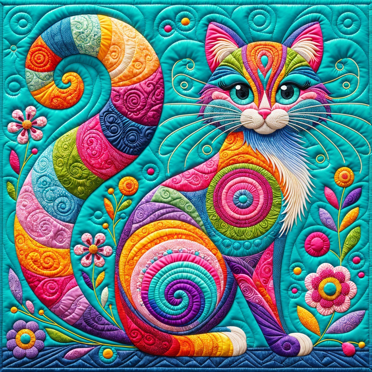 Colorful Cat Design with Intricate Patterns and Flowers