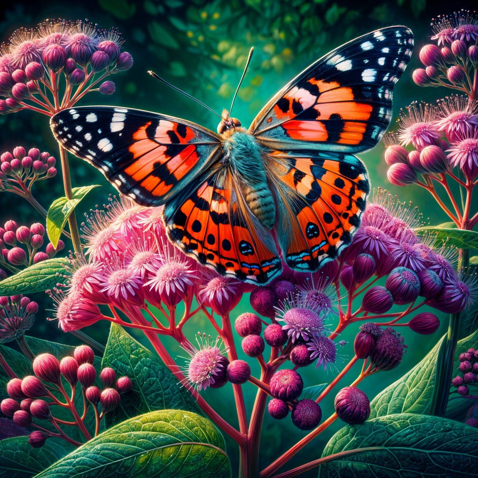 Butterfly on Pink Flowers with Green Foliage Background
