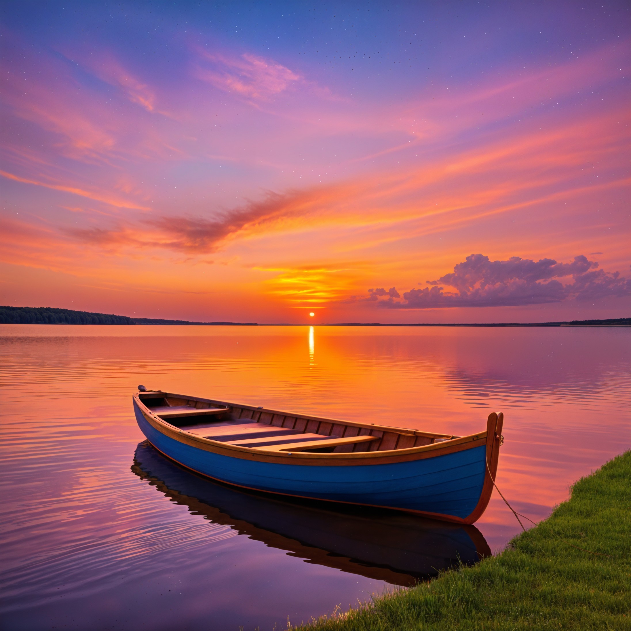 Serene sunset over a calm lake with a blue boat