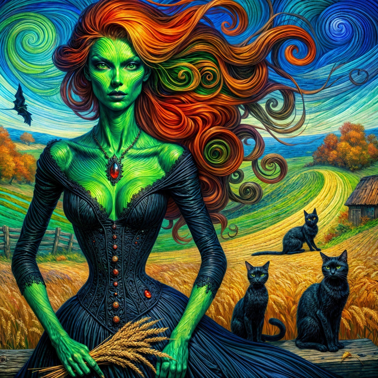 Vibrant Green Figure in Rural Landscape with Cats