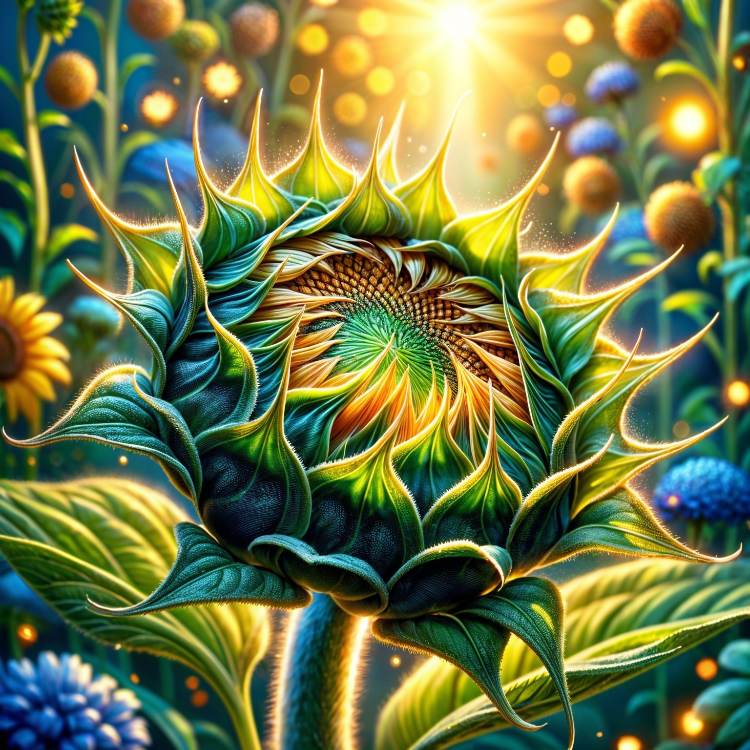 Vibrant Sunflower Bud in Colorful Garden Setting