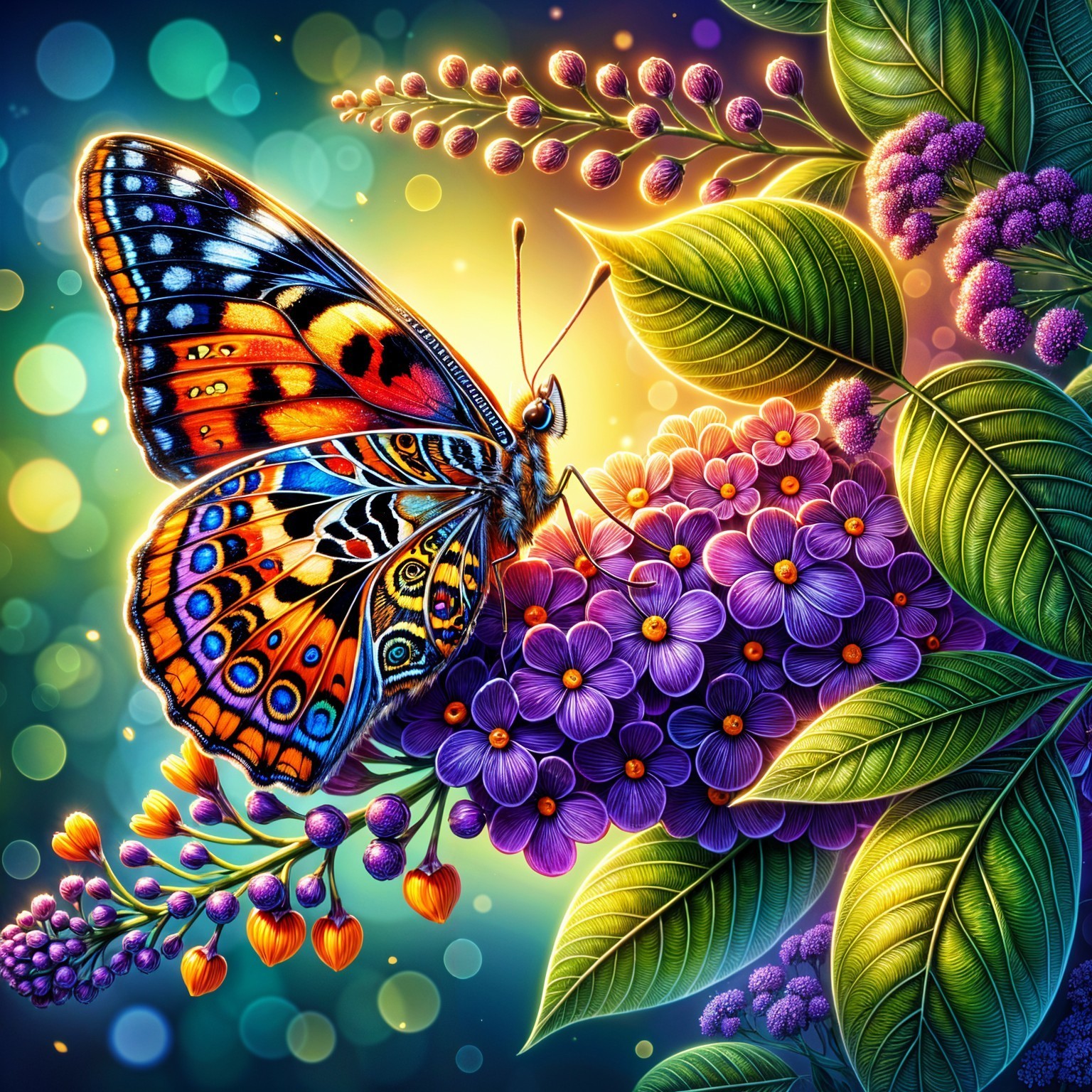 Vibrant Butterfly on Purple Flowers with Lush Foliage