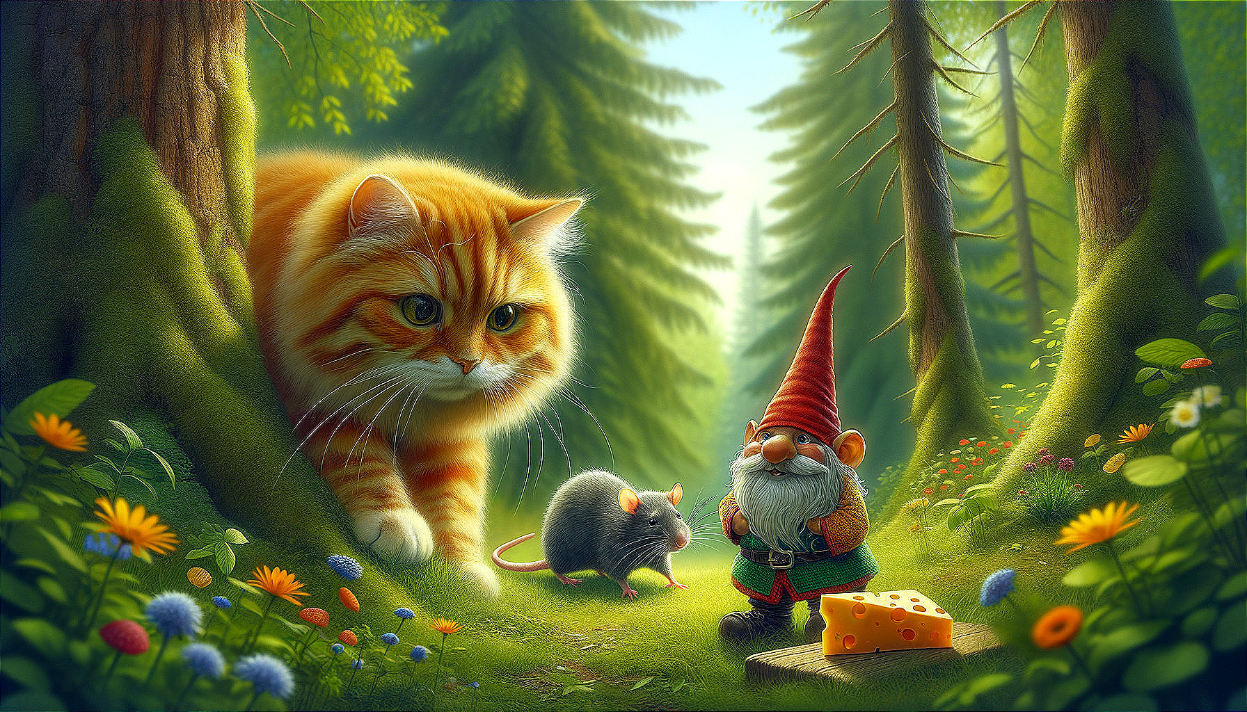 Colorful illustration of orange cat, gnome, and mouse in lush forest scene