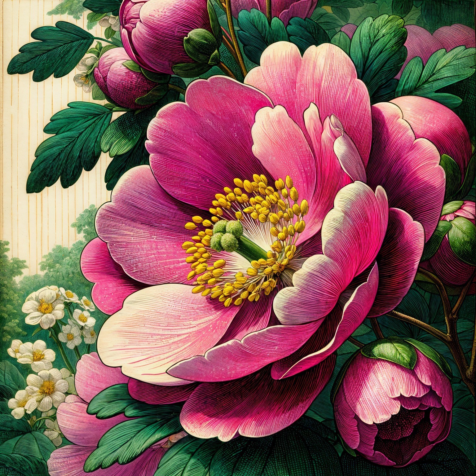 Vibrant Illustration of Lush Peonies and Flowers