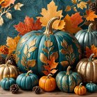 Vibrant Autumn Display of Colorful Pumpkins and Leaves