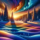 Winter Landscape with Snow-Covered Trees and Sunset Sky