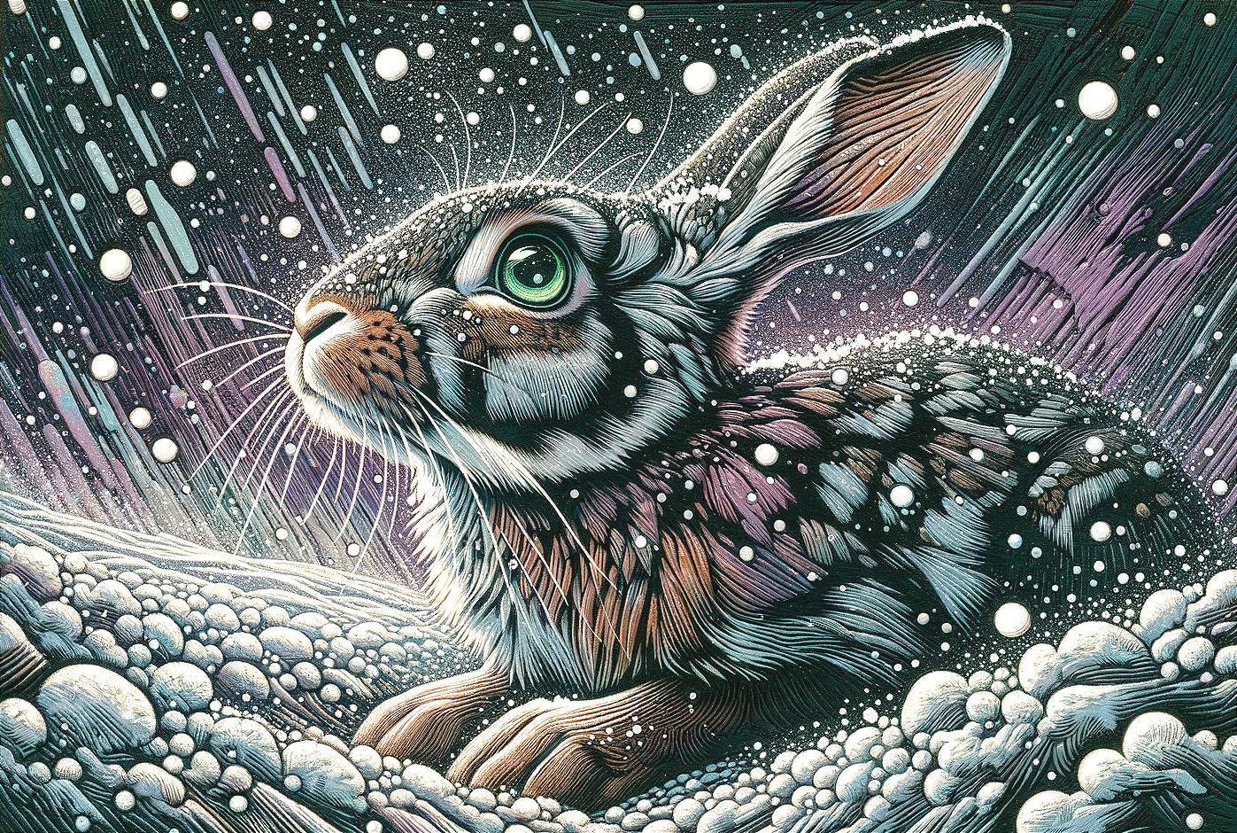 Stylized rabbit with cosmic patterns on fur in starry background
