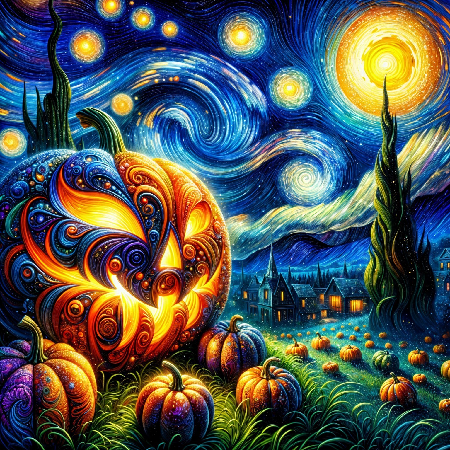 Vibrant Night Sky with Pumpkins and Village Landscape