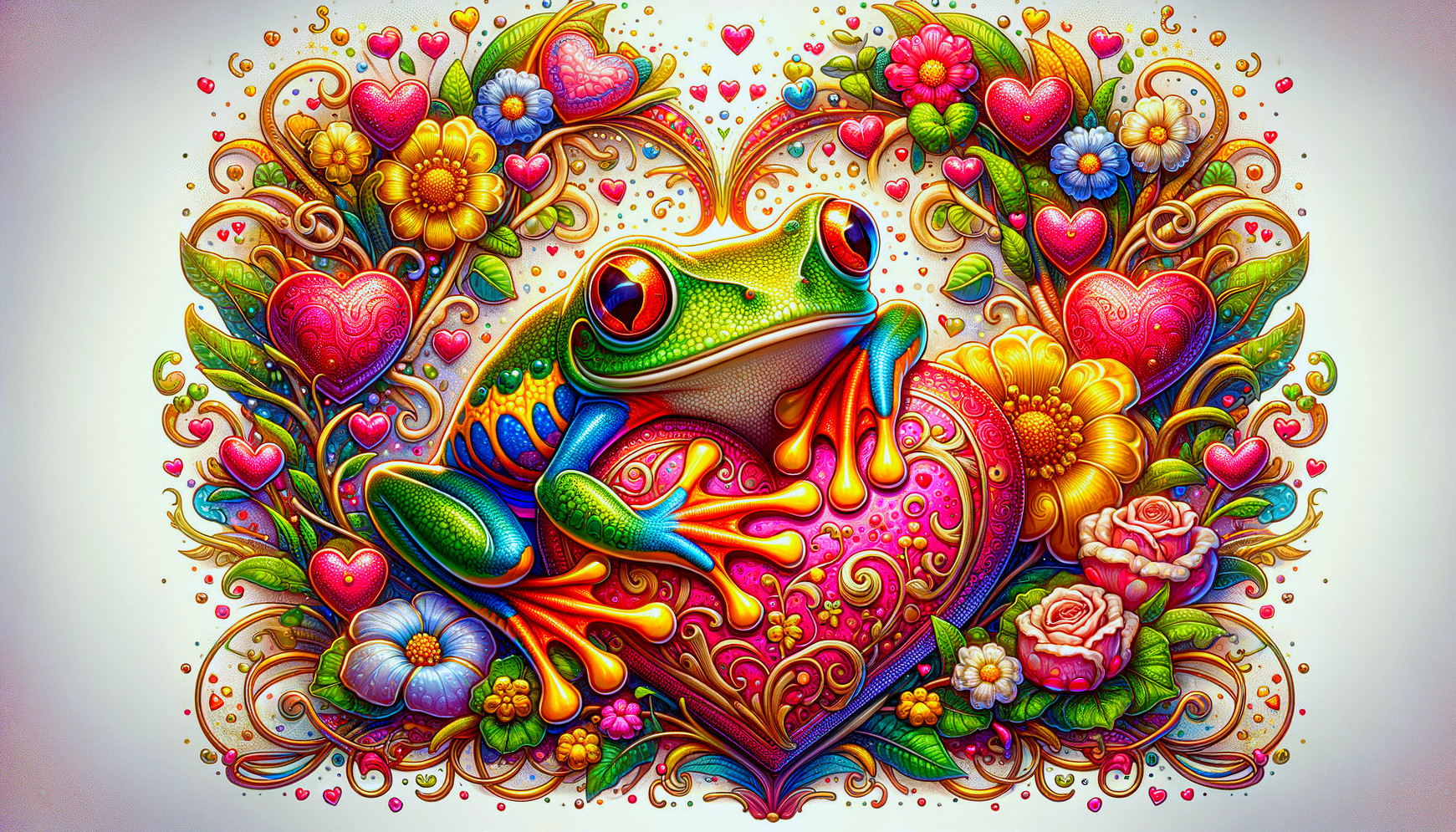 Whimsical frog on heart surrounded by colorful floral pattern