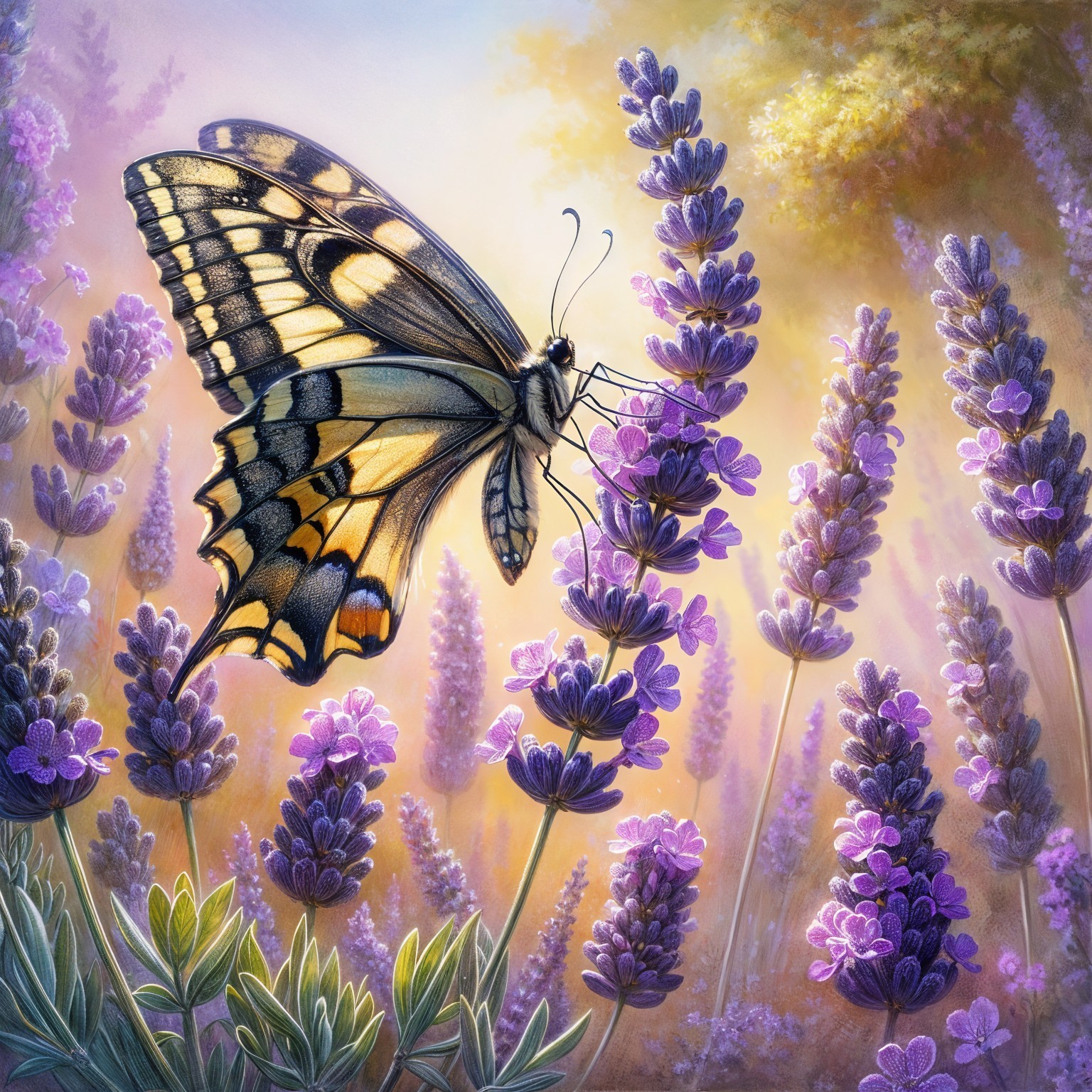 Butterfly on Lavender Flowers in Golden Sunlight