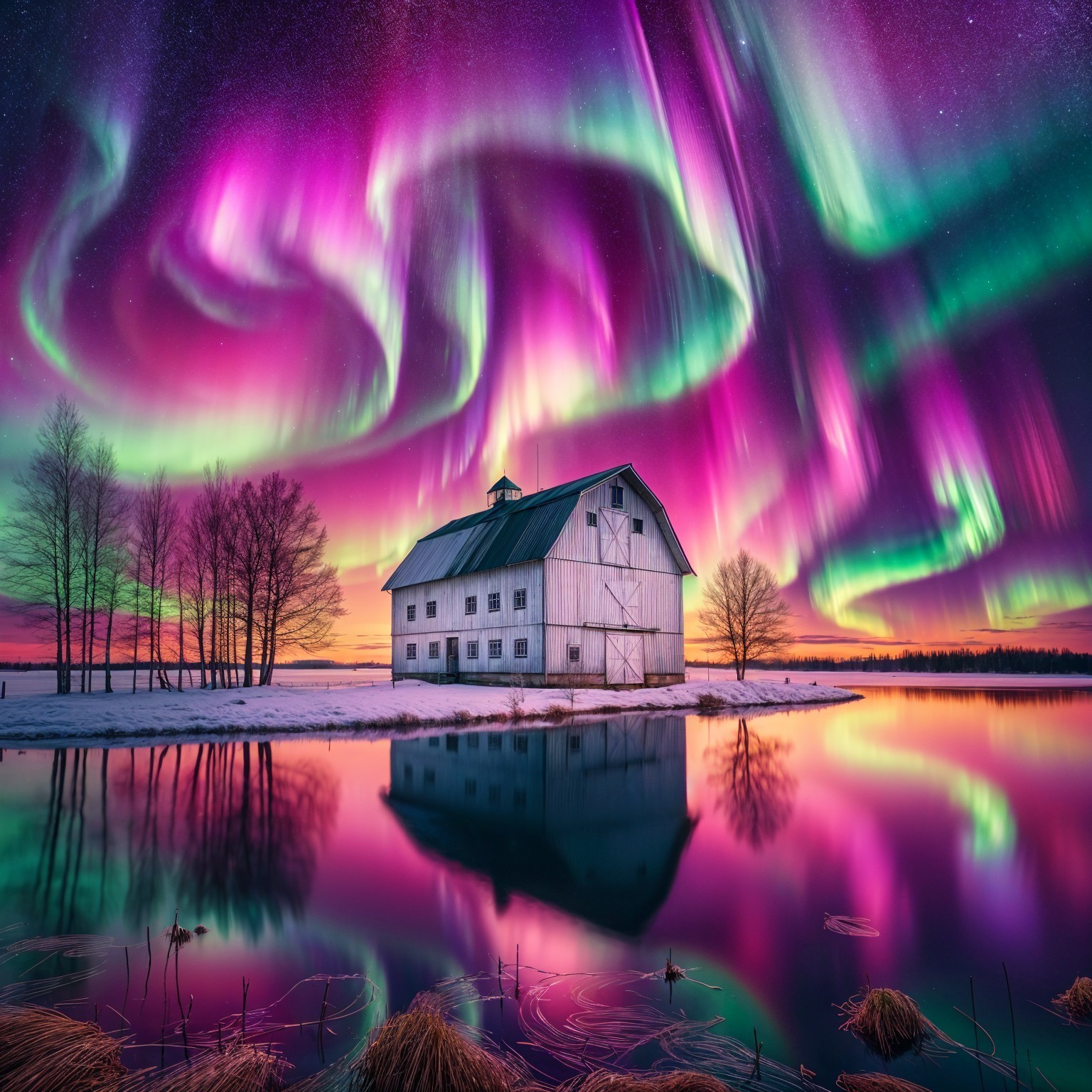 Tranquil Landscape with Barn and Northern Lights Reflection