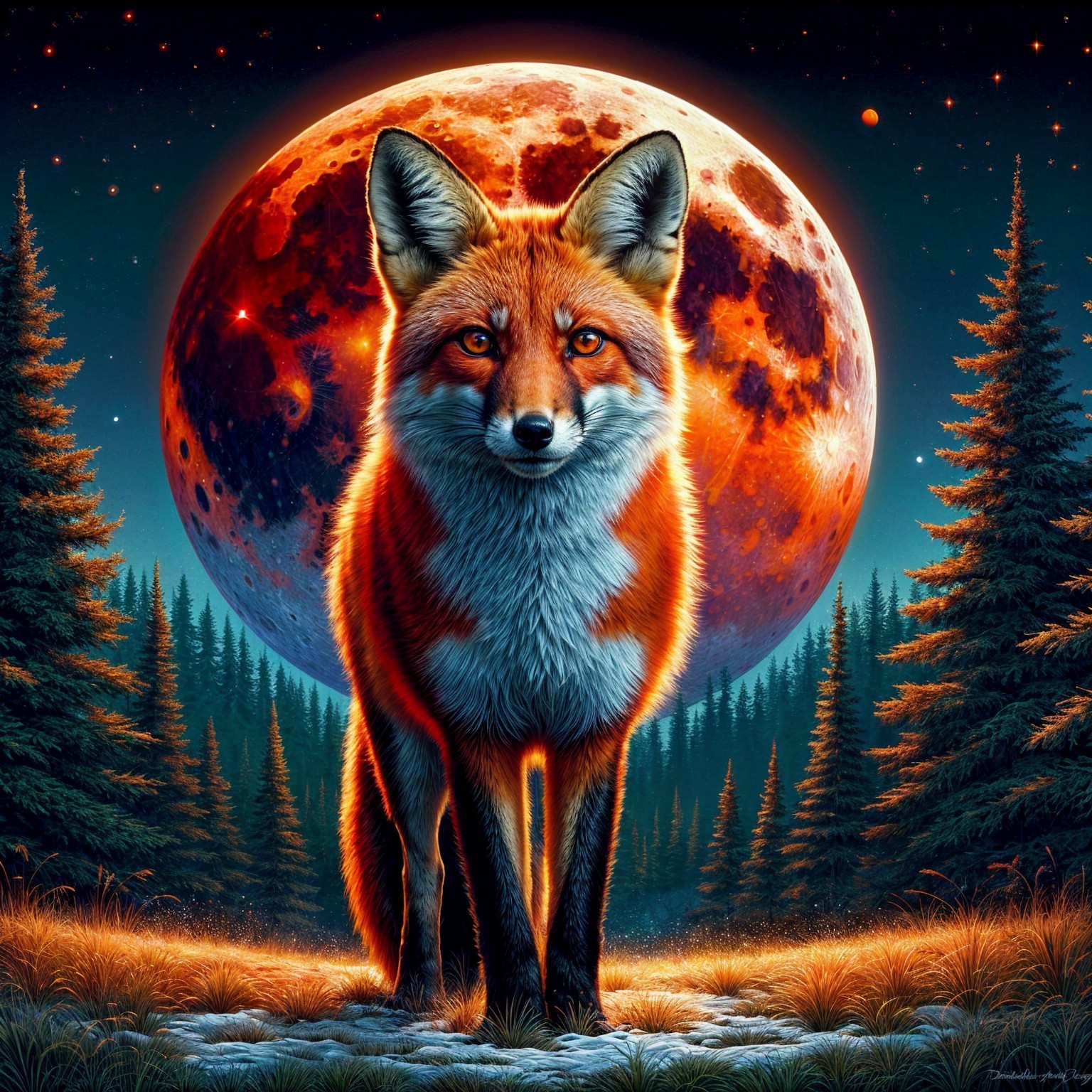 Red Fox in Serene Forest Under Orange Moonlight