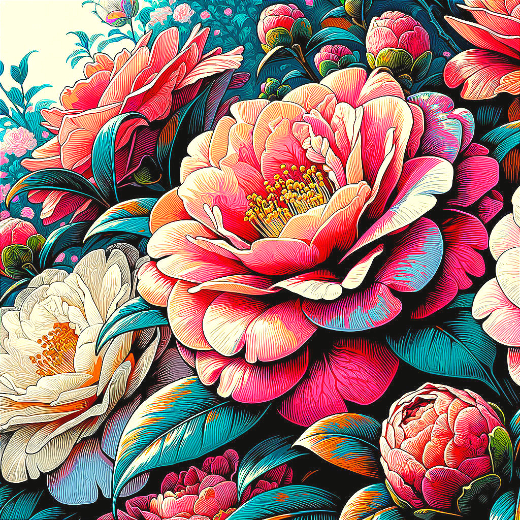 Vibrant Illustration of Blooming Pink and Red Peonies