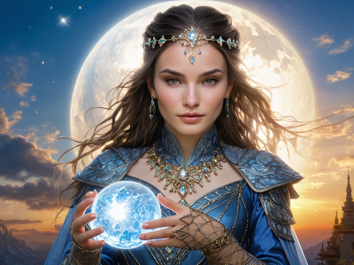 Mystical figure in blue gown with glowing orb at night