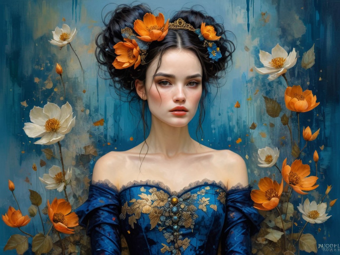 Elegant Woman in Blue Gown with Floral Updo