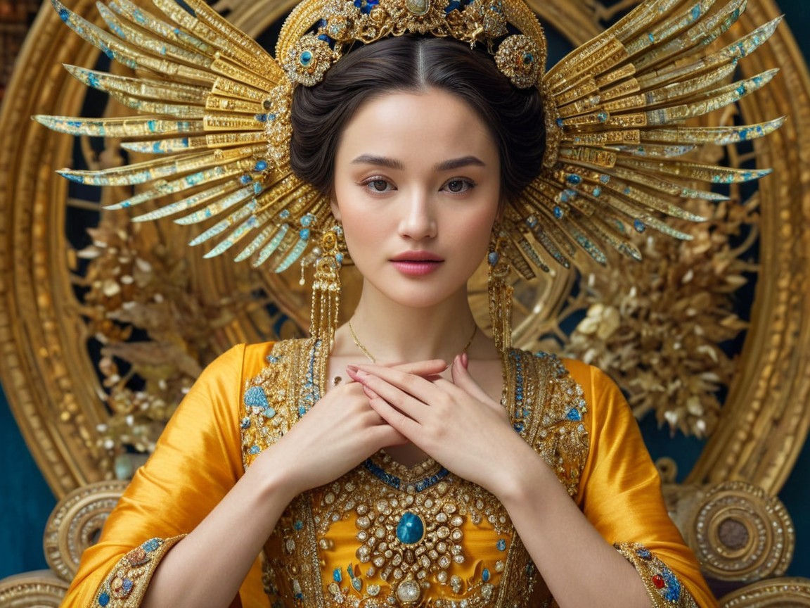 Vibrant Yellow Gown with Golden Headpiece and Jewelry