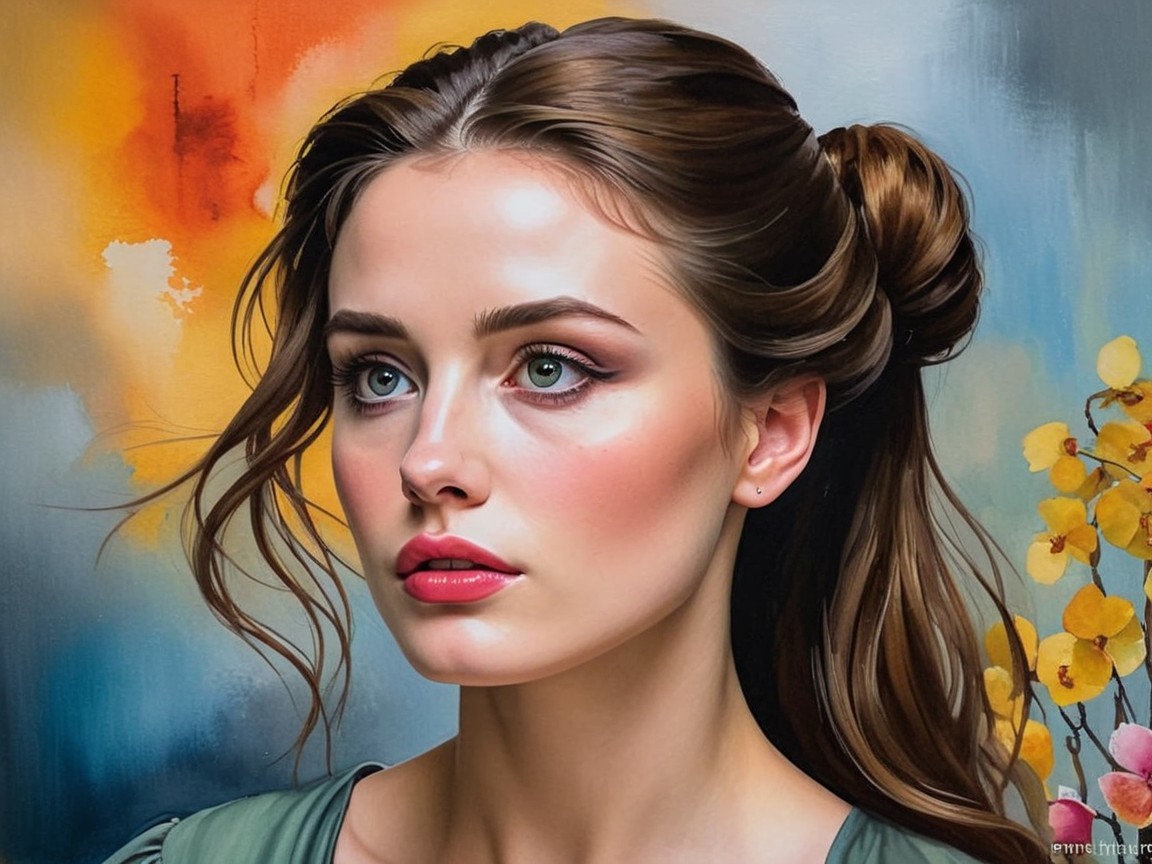 Portrait of a woman with wavy hair and green eyes