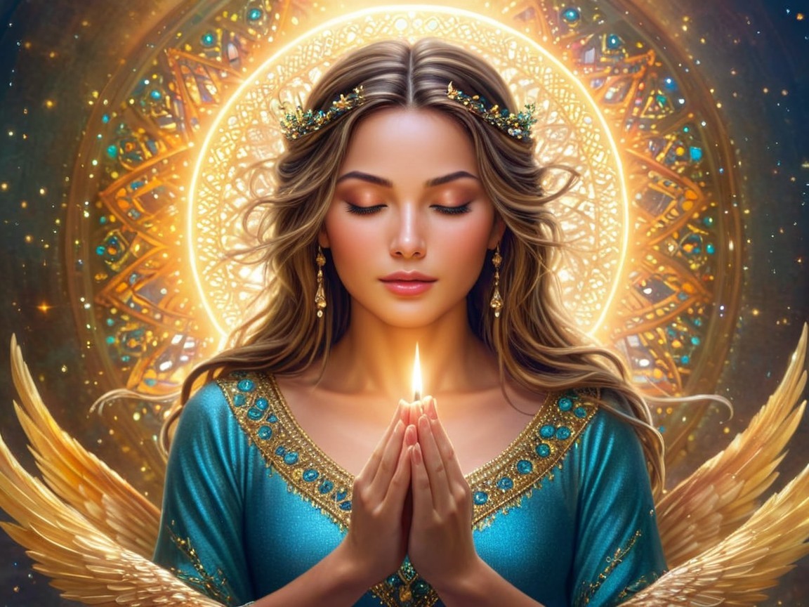 Serene figure in ornate attire surrounded by golden light