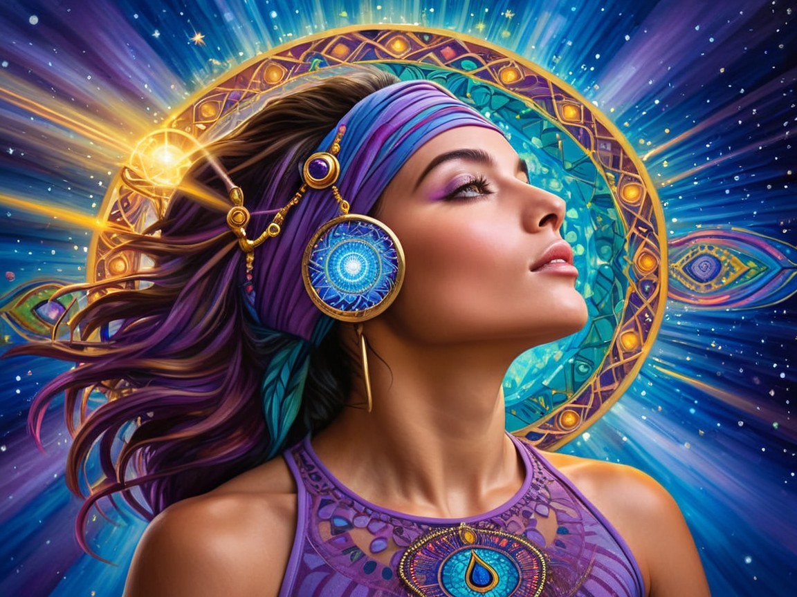 Woman with Purple Hair in Celestial Background