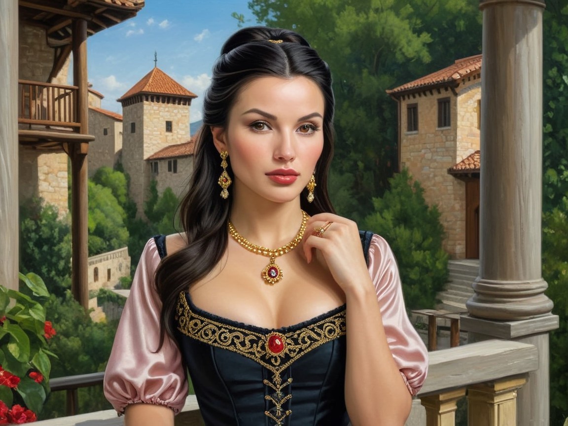 Elegant Woman in Dark Blue Dress on Balcony