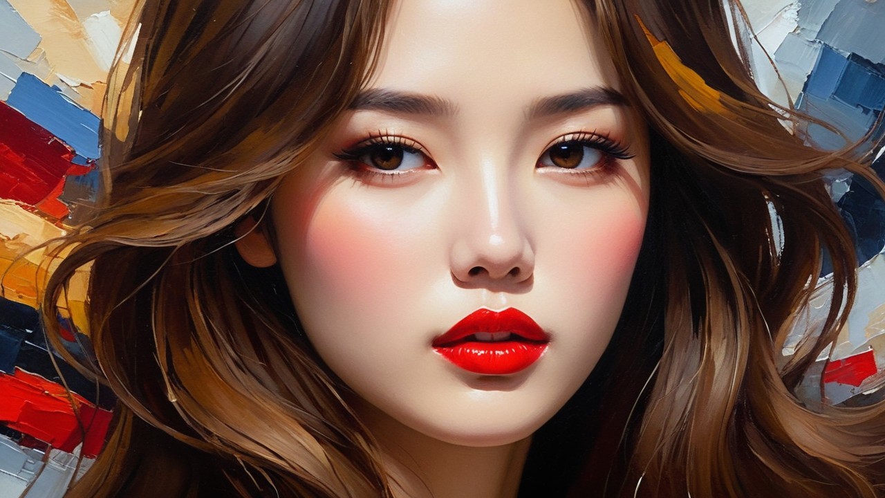 Portrait of a woman with flowing brown hair and vibrant colors