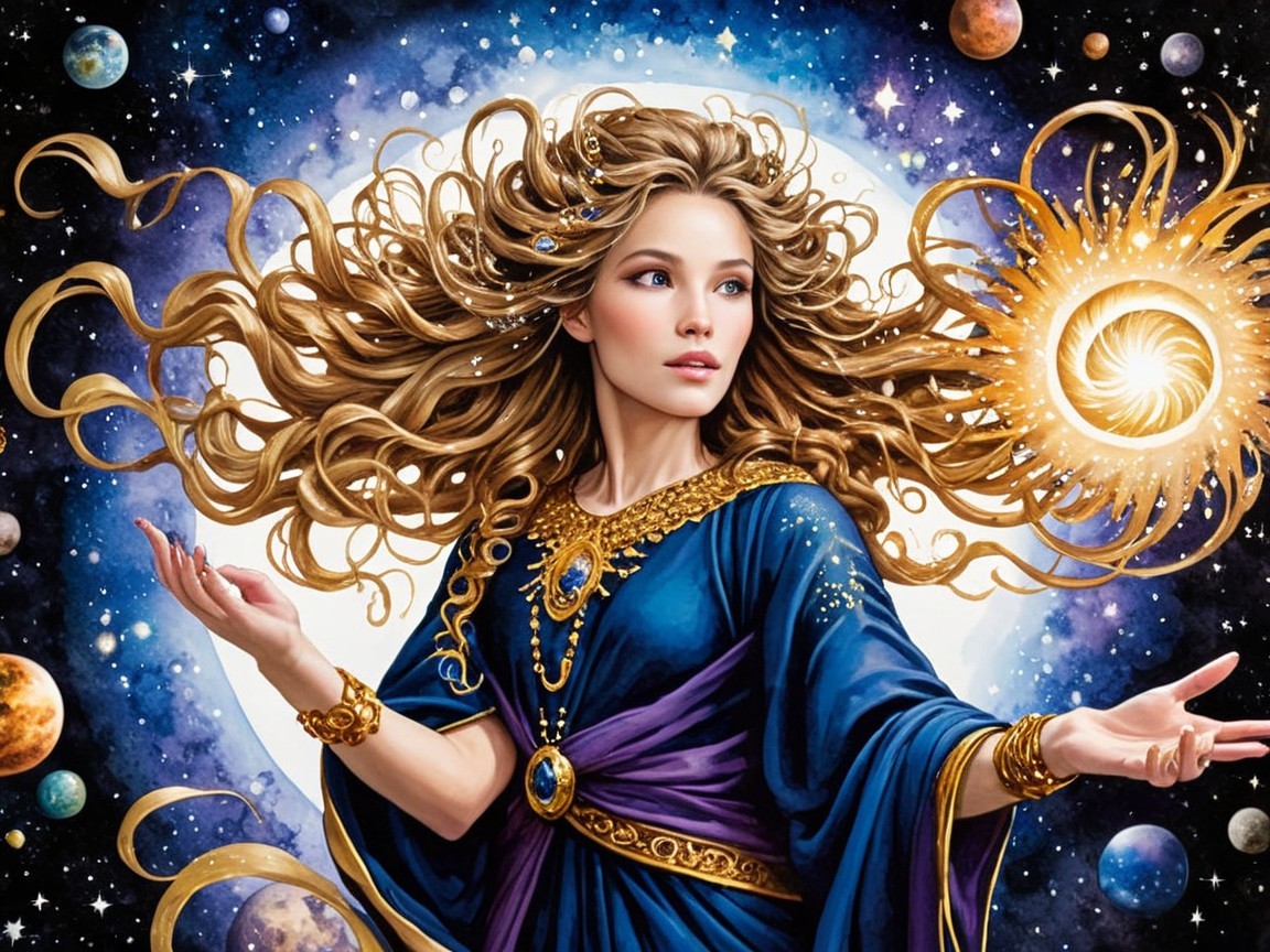 Celestial Figure in Blue Gown Amidst Galaxies