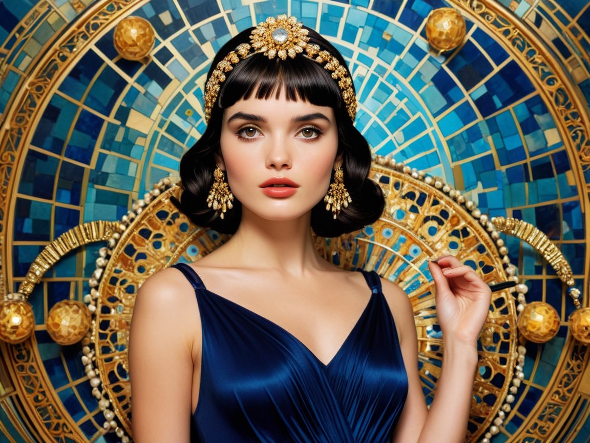Elegant woman in blue gown with jeweled headpiece