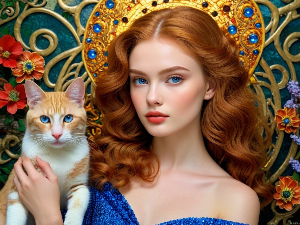 Woman in Blue Dress with Cat and Floral Background