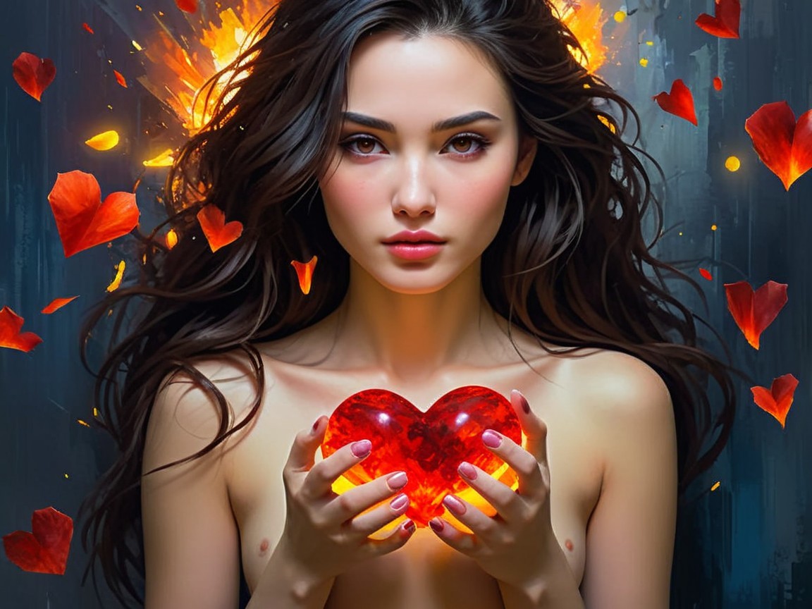 Woman with Long Hair Holding a Glowing Red Heart