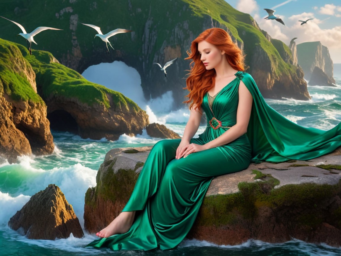 Woman in green gown by rocky sea cliffs