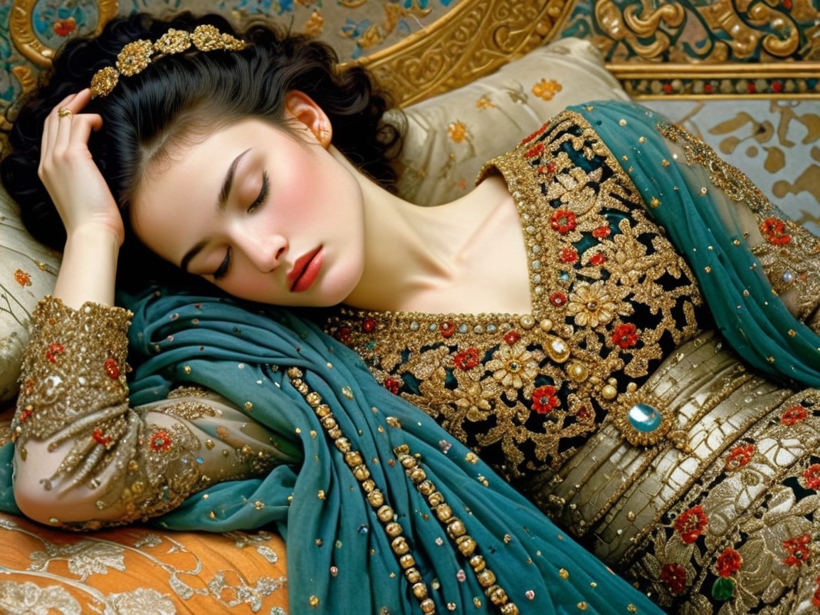 Sleeping Woman in Teal Dress with Gold Tiara