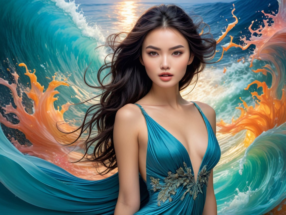 Elegant Woman in Turquoise Gown by Ocean Waves