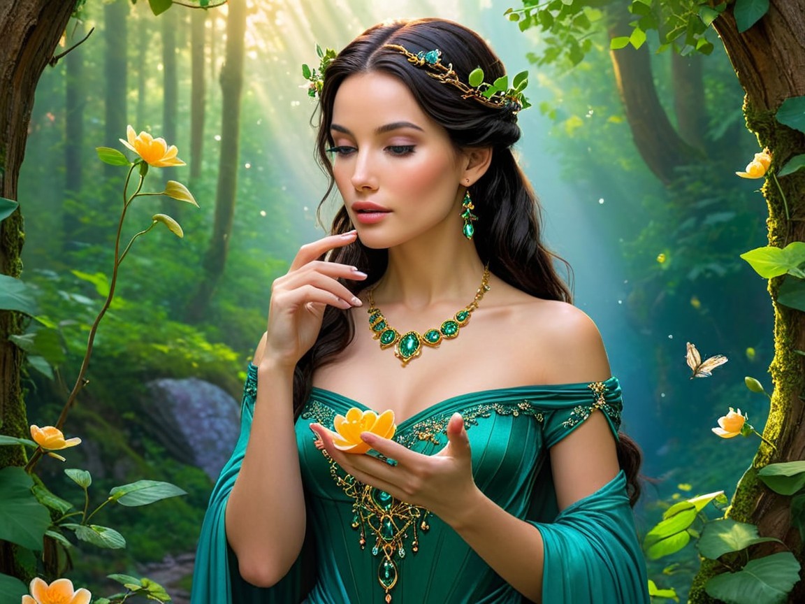 Serene Forest Scene with Woman in Emerald Gown