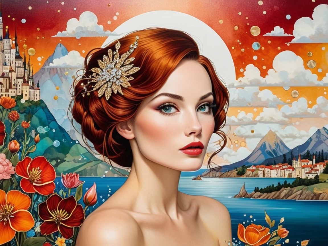 Elegant woman with red hair against vibrant sunset backdrop