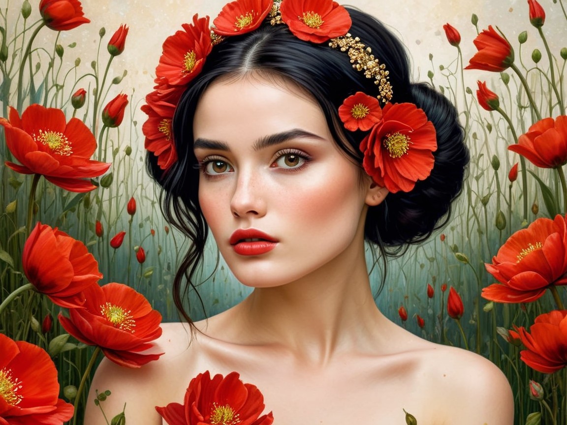 Portrait of a Young Woman Among Vibrant Red Poppies