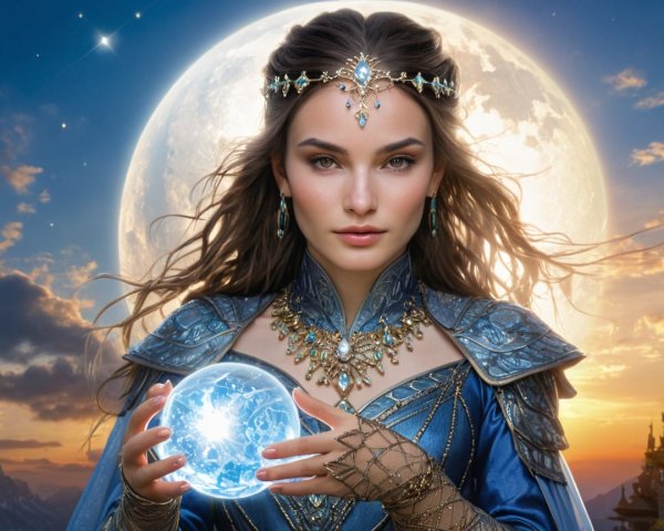 Mystical figure in blue gown with glowing orb at night