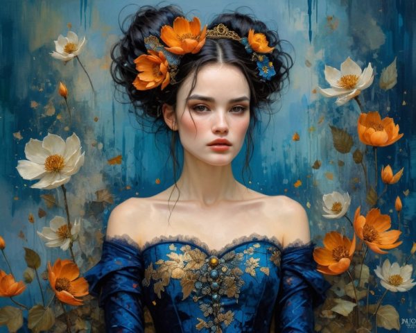 Elegant Woman in Blue Gown with Floral Updo