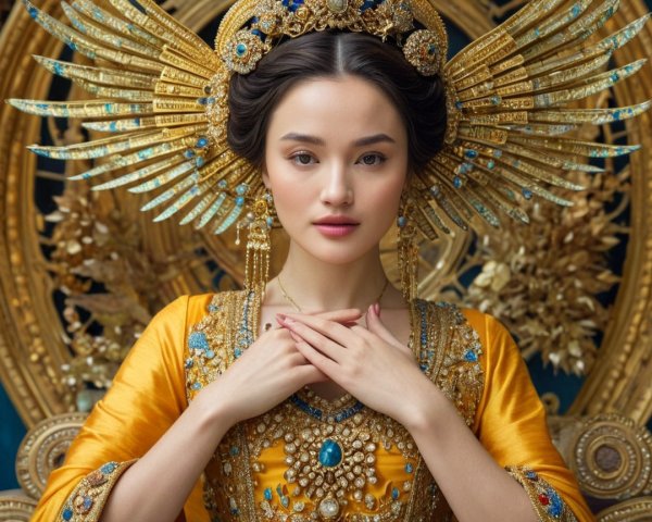 Vibrant Yellow Gown with Golden Headpiece and Jewelry