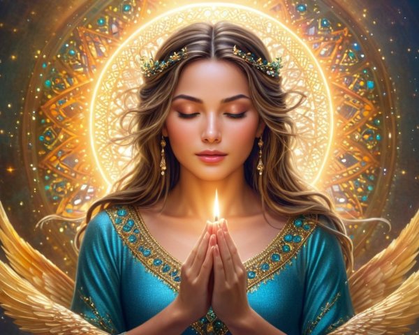 Serene figure in ornate attire surrounded by golden light